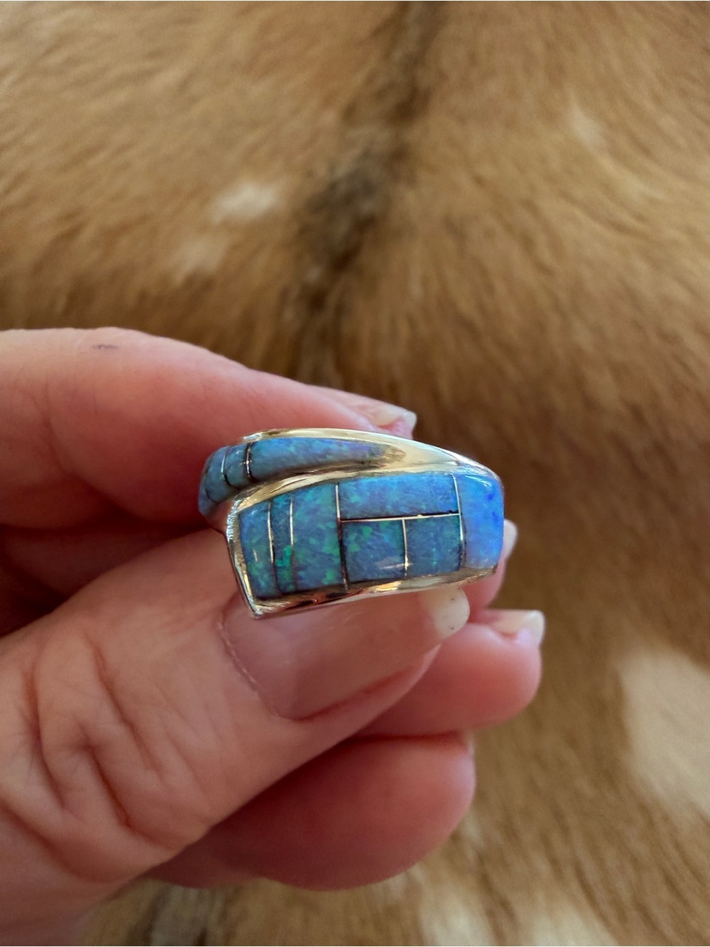 ❤️ Signed “K” Blue Lab Opal Zuni Style Inlaid Ring Size 6.75 Sterling Silver